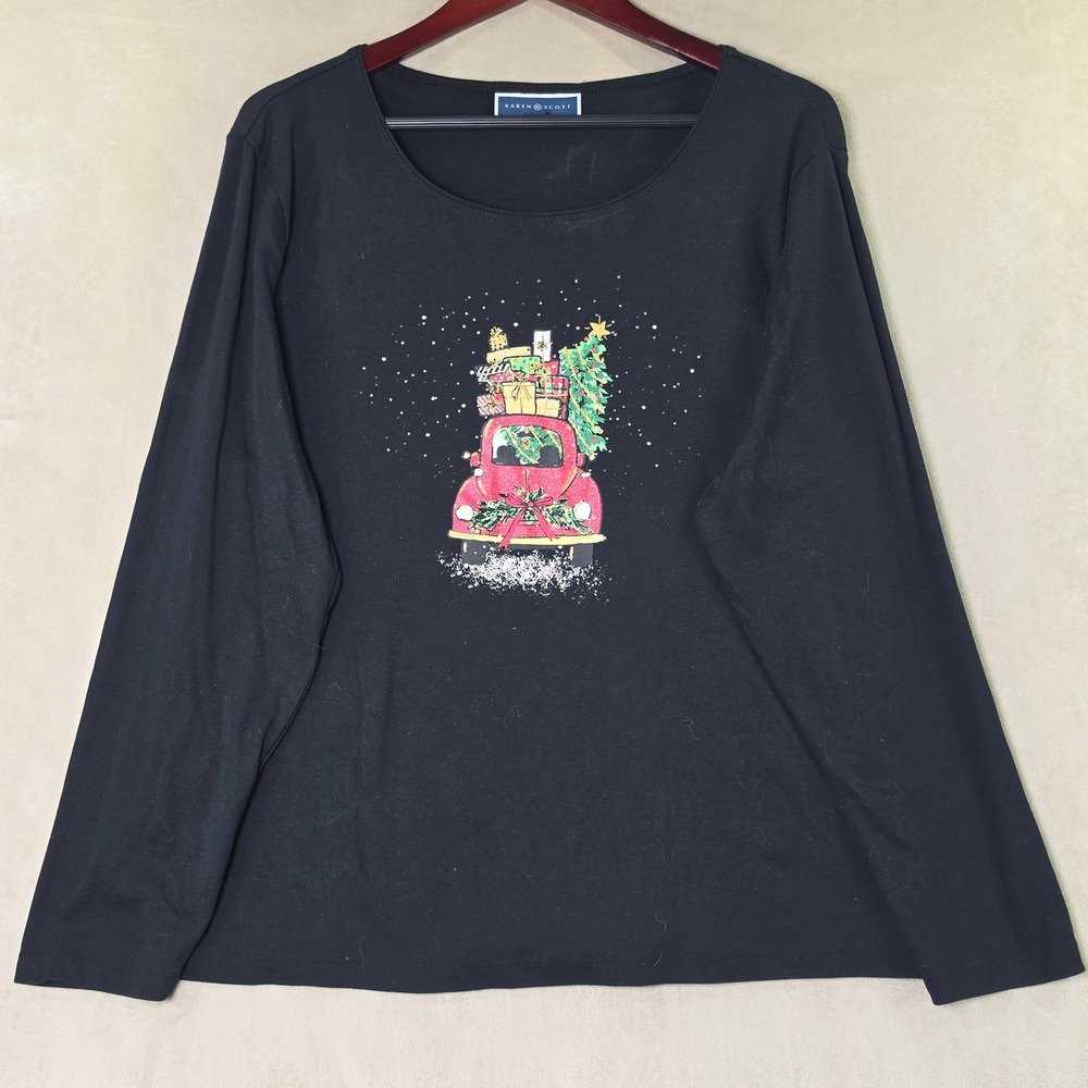 Karen Scott Womens XL Black Christmas Car Graphic Long Sleeve Tee HO20 100102814
